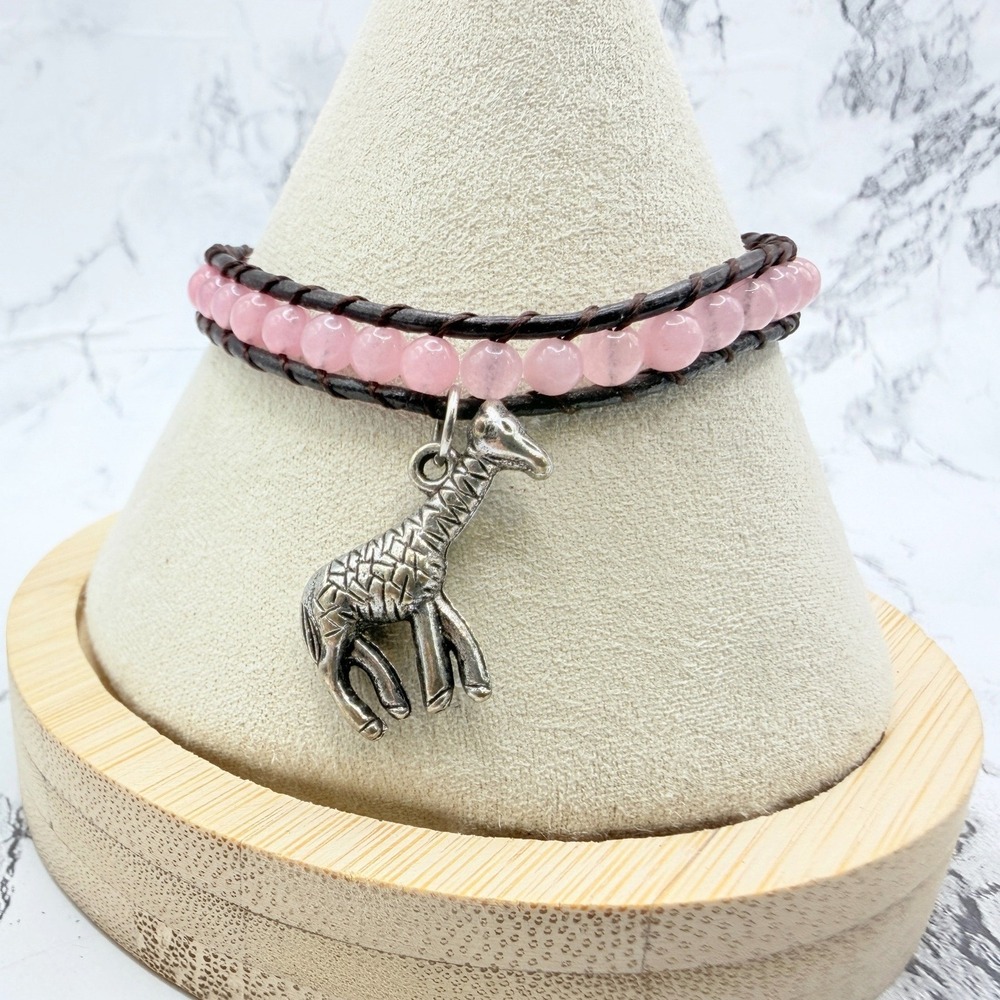 Pink Beaded Black Cord Bracelet Silver Tone Giraffe Charm 7.5–8"